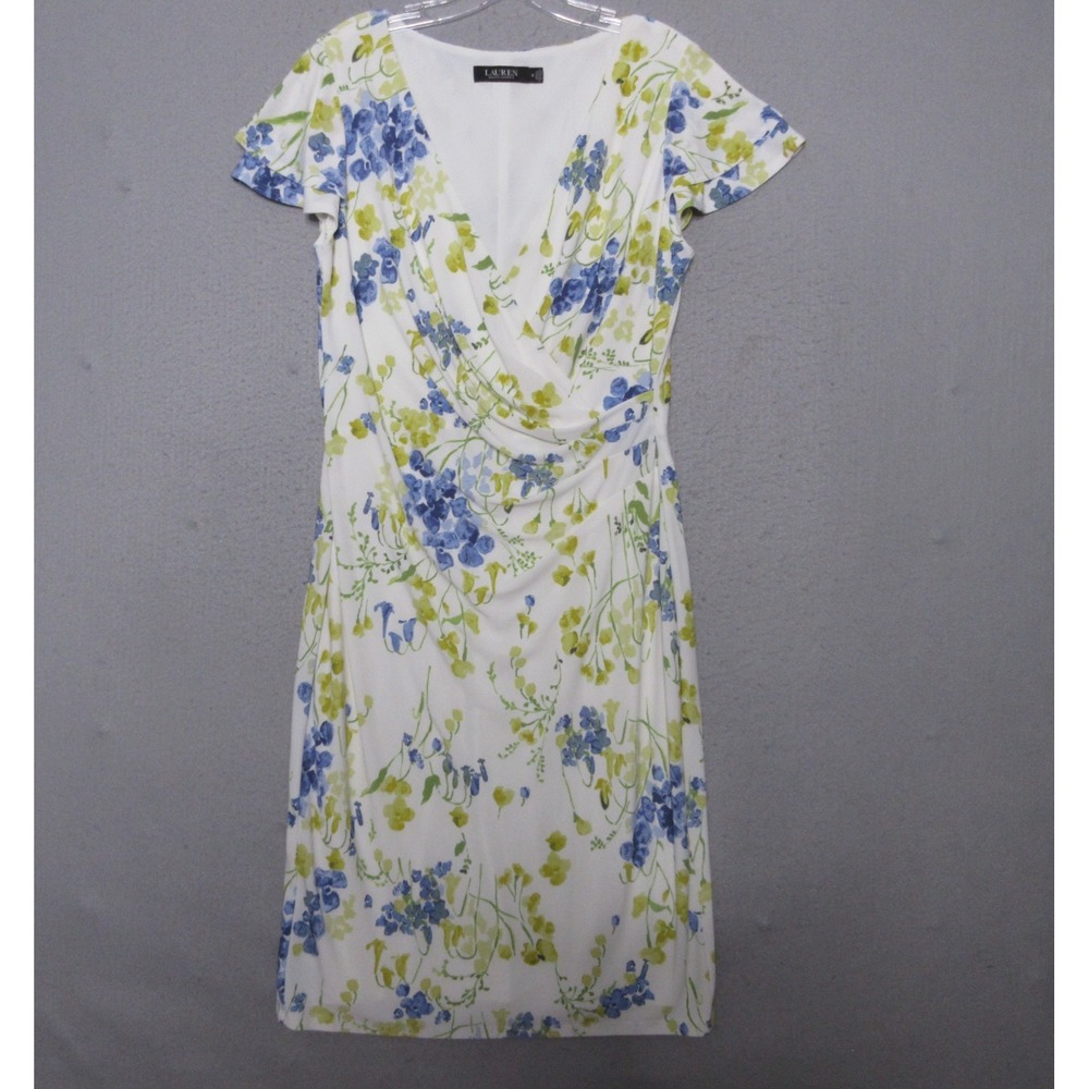 Lauren Ralph Lauren Dress 10 Floral‎ Faux Wrap Ruche Surplice Classic Style